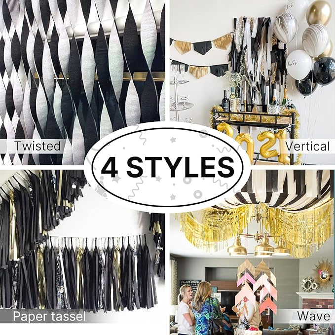 PartyWoo Black Gold Silver Crepe Paper Streamers 4 Rolls 328 ft Pack of Black - Image 6