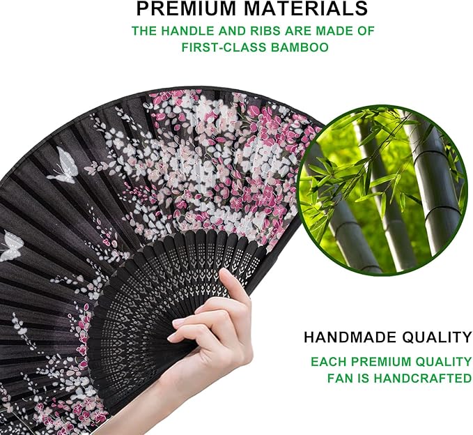 Amajiji 8.27" Hand Held Bamboo Silk Folding Fan Hand Fan, Chinese/Japanese - Image 3