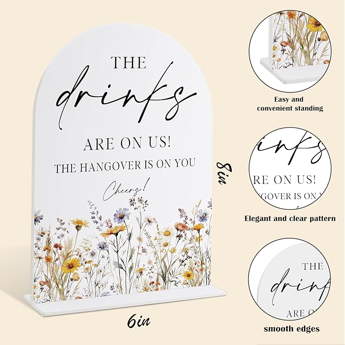 Wedding Signs for Ceremony and Reception, Boho Floral Acrylic Drinks are on Us - Image 2