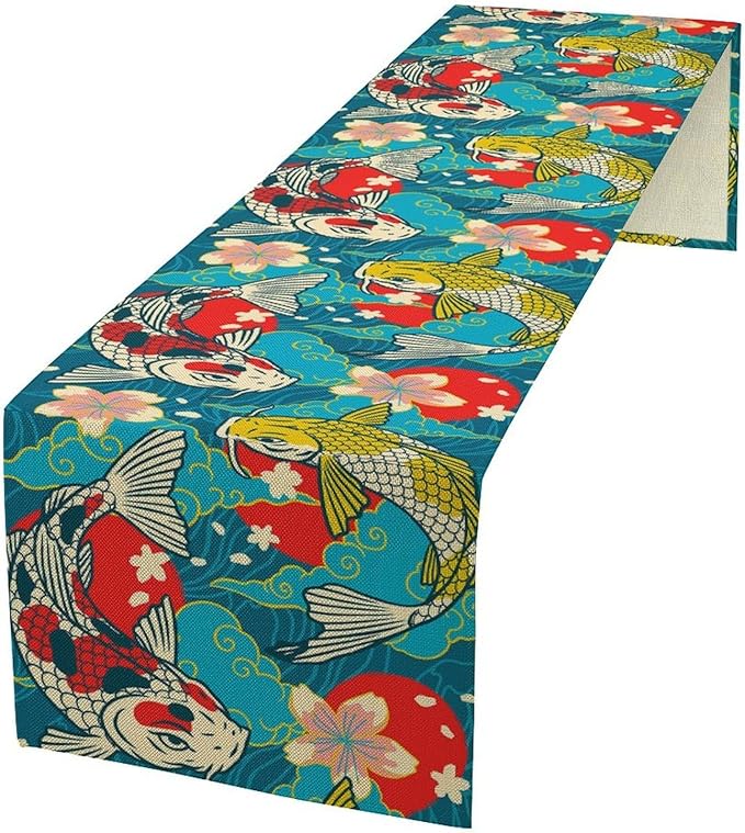 Japanese Kio Fish Table Runner Oriental Tradition Cherry Art Printed Burlap by YSWOW
