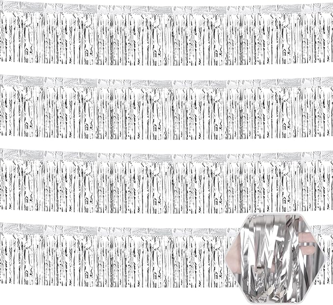 4 Pack 10 Feet Silver Foil Fringe Garland Metallic Tinsel Streamers Banner Wall by Ferwzsr