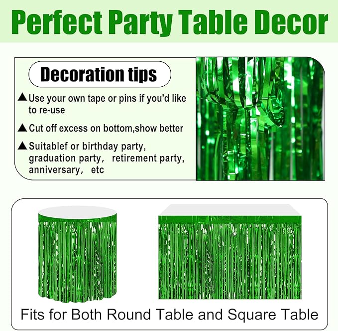 3 Pack 29x108 Inch Green Foil Fringe Table Skirts Metallic Banner - Image 3