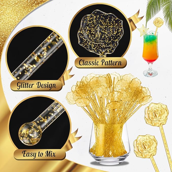 100 Pcs Gold Glitter Drink Stirrers Cocktails Plastic Swizzle Sticks 7.5 Inch - Image 2
