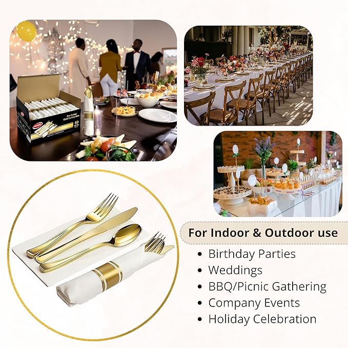 Neatiffy 50 Pack Gold Plastic Silverware Set, Pre Rolled Napkin and Cutlery Set - Image 5