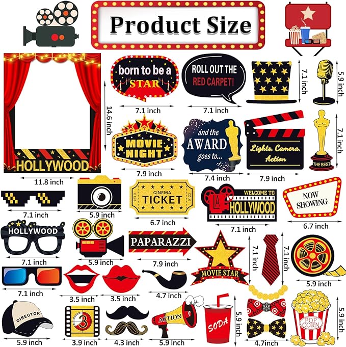 34pcs Hollywood Themed Movie Night Party Photo Booth Props, Hollywood Selfie - Image 4