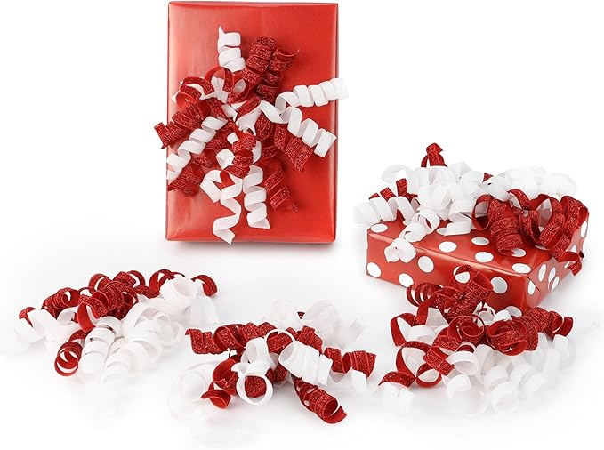 6" Metallic Glitter Red and White Self Adhesive Curly Ribbon Gift Wrap Bows by LIZLOVESS