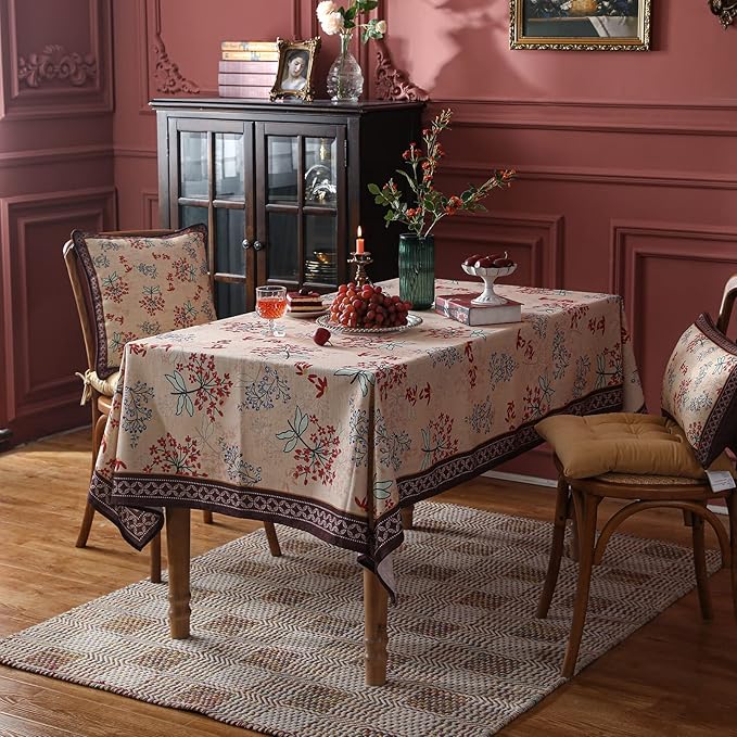 patdrea Designer French Linen Rectangular Table Cloth, Vintage Red Floral Fall - Image 7