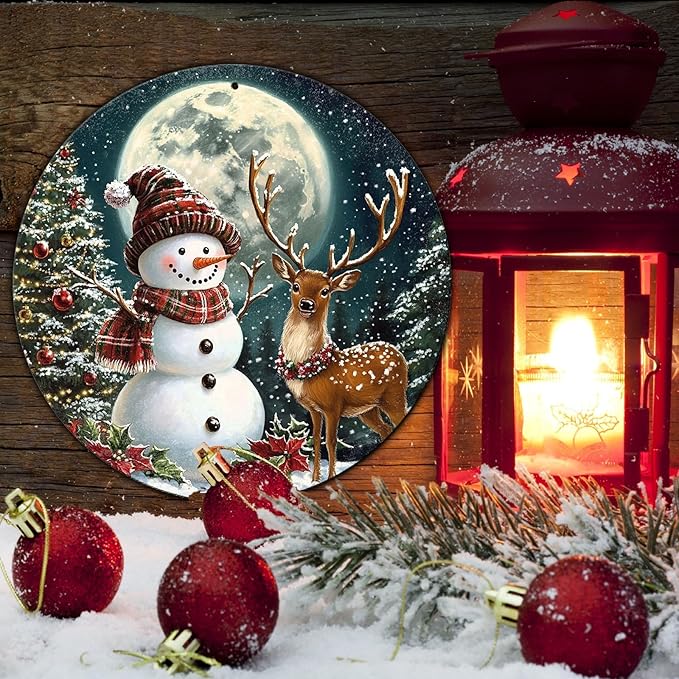 Christmas Snowman Decor Round Metal Tin Sign Christmas Deer Vintage Tin Sign - Image 5