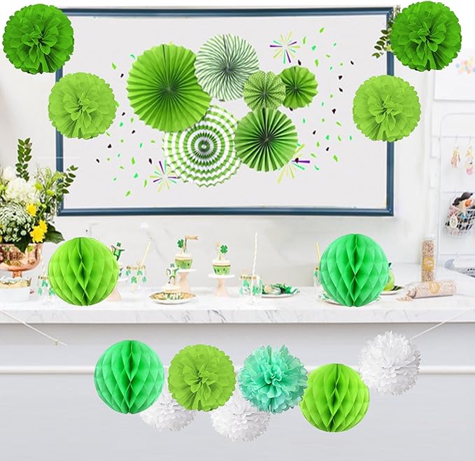 Hanging Paper Fan Set, Tissue Paper Pom Poms Flower Fan and Honeycomb Balls - Image 4