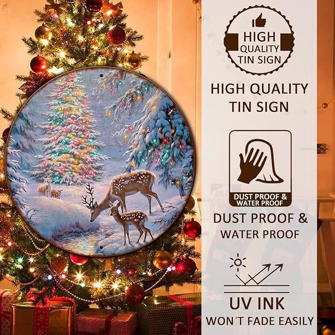 Christmas Tree Decor Round Metal Tin Sign Christmas Deer Vintage Tin Sign - Image 4