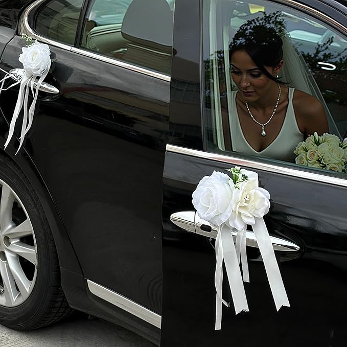 White Rose & Peony Wedding Car Door Handle Decor – 12 cm Artificial Flowers by VoeuMared