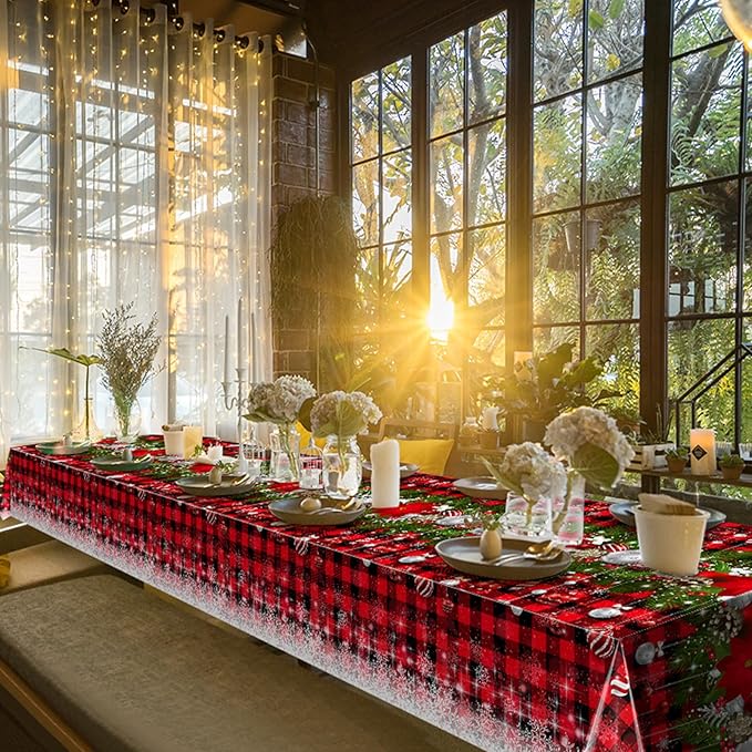 6Pcs Christmas Buffalo Plaid Snowflake Tablecloths, Plastic Red and Black - Image 4