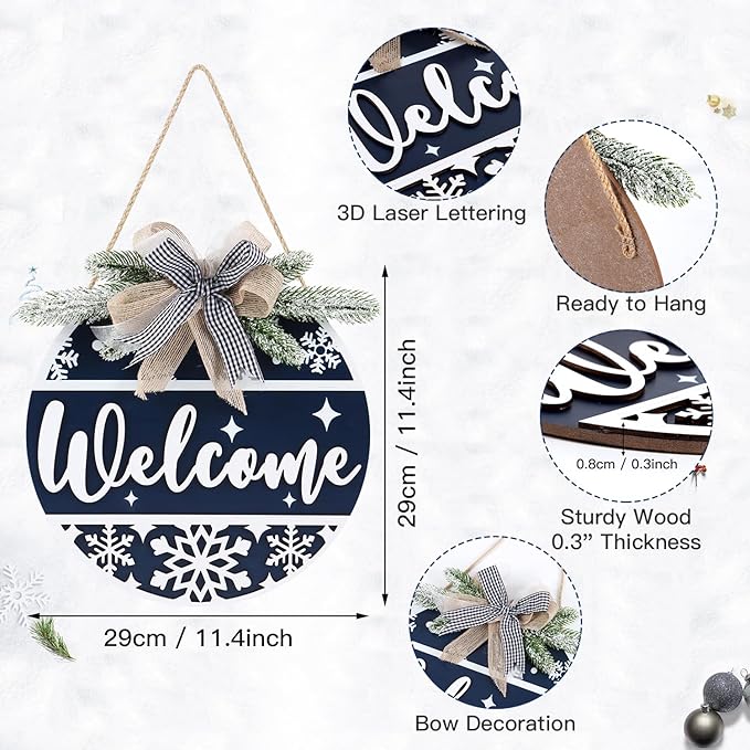 CHDITB Blue Welcome Winter Front Door Sign Wreath, Wooden 3D Welcome Home - Image 2