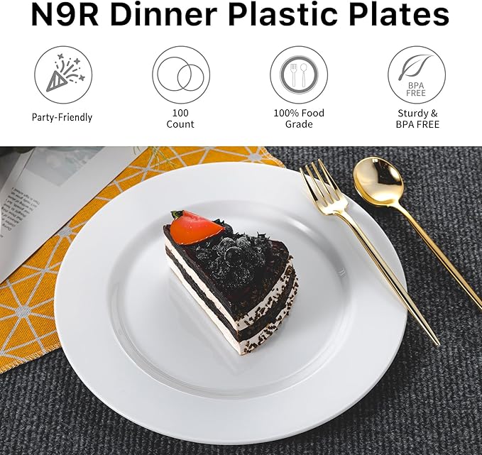 N9R 100PCS White Plastic Plates, 10.25inch Heavy Duty Plastic Disposable Plates - Image 4