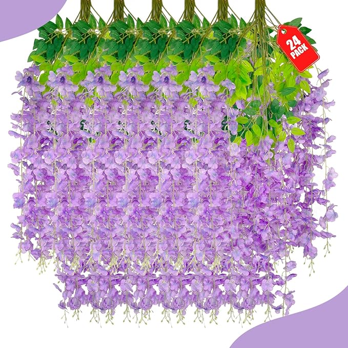 24 Pack Light Purple Wisteria Hanging Flowers, 3.4 Ft Fake Hanging Flowers by ZEBMOON