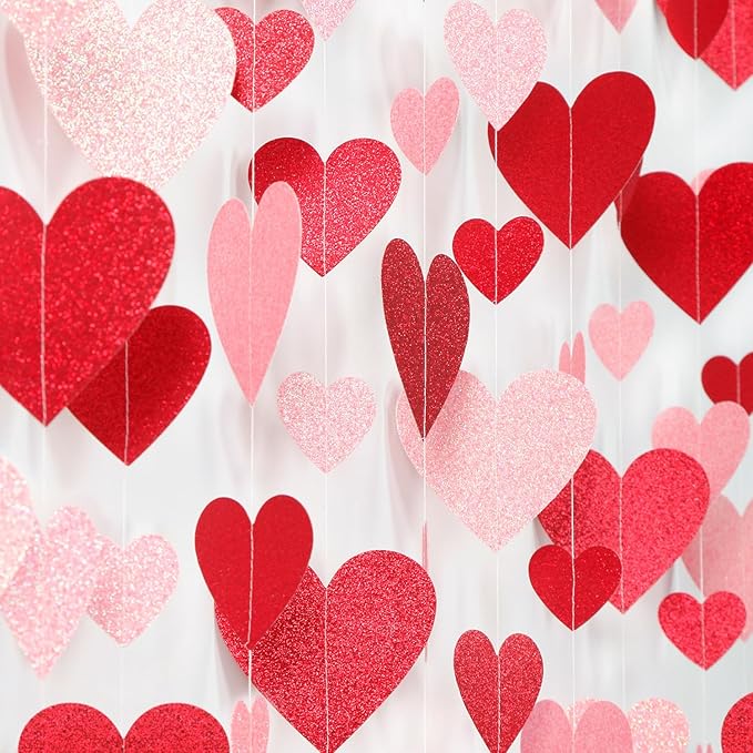 Red Pink Party-Decoration Heart Garland - 40ft Galentines Hanging Paper by Hugfond