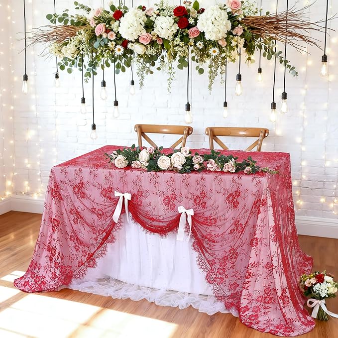 LuoluoHouse Christmas Lace Tablecloth 6pcs Rose Floral Table Fabric 60x120 Inch - Image 2