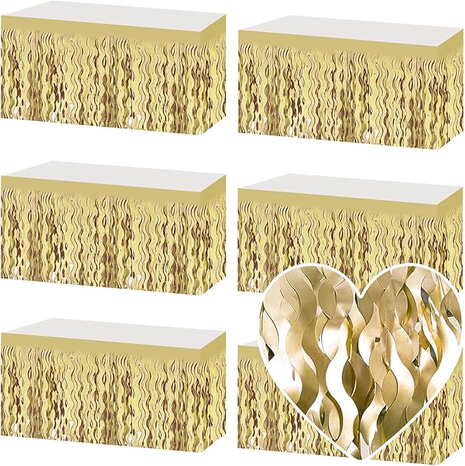 6 Pack 29x108 Inch Light Gold Wave Foil Fringe Table Skirts Metallic Banner by Mebiornt