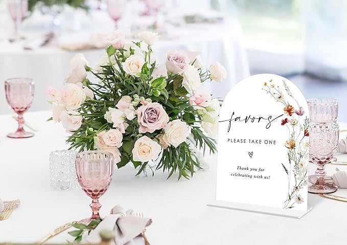Boho Floral Favors Sign, 6 x 8 Inch White Arch Acrylic Wedding Sign - Image 5