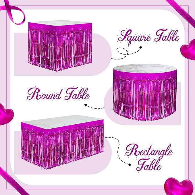 2 Pack Rose Red Table Skirts, 29x108" Metallic Foil Tinsel Fringe Table Skirts - Image 4
