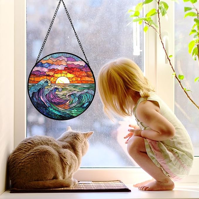Stained Glass Window Hanging, Clouds and Sea Waves Suncatcher Diamond Glass - Image 2