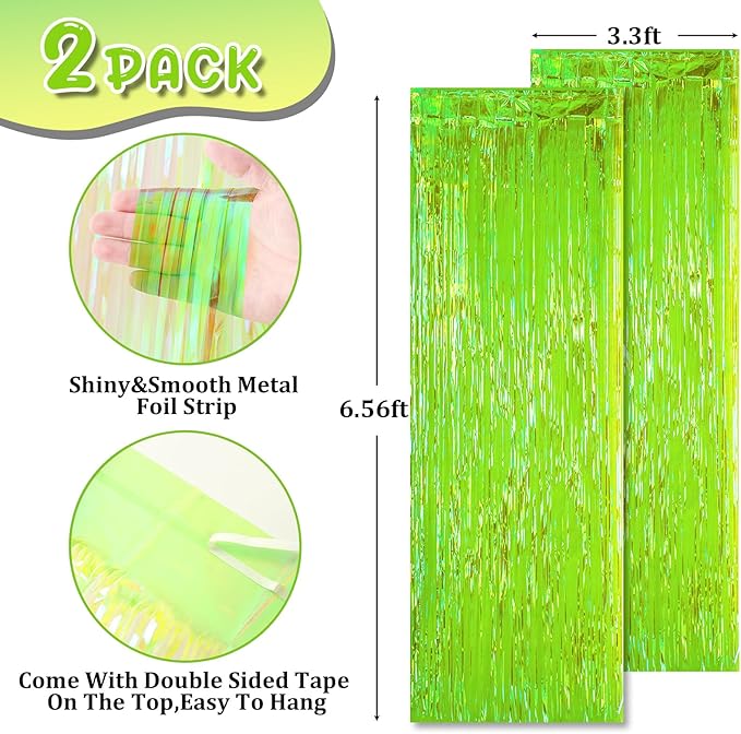 2 Pack Green Iridescent Tinsel Foil Fringe Curtains, Neon Party Decorations - Image 3