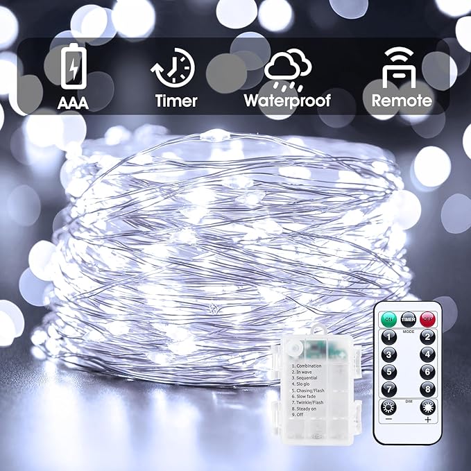 33Ft 100LED Outdoor String Lights, Pure White Fairy Lights Battery Operated - Image 2