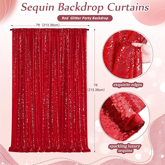 Red Sequin Backdrop Curtain 7ft x 7ft Background Drapes - Image 4