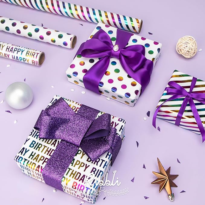 Ribbli Birthday Wrapping Paper 30 Inch Iridescent Gift Wrapping Paper 4 Rolls - Image 3