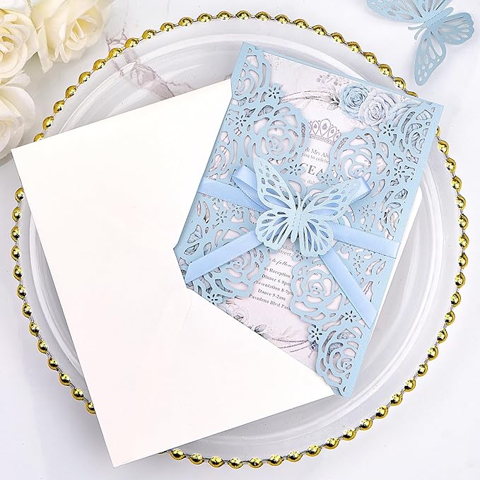 50 Set Light Blue Wedding Invitations Butterfly Laser Cut Invitations Pocket - Image 4