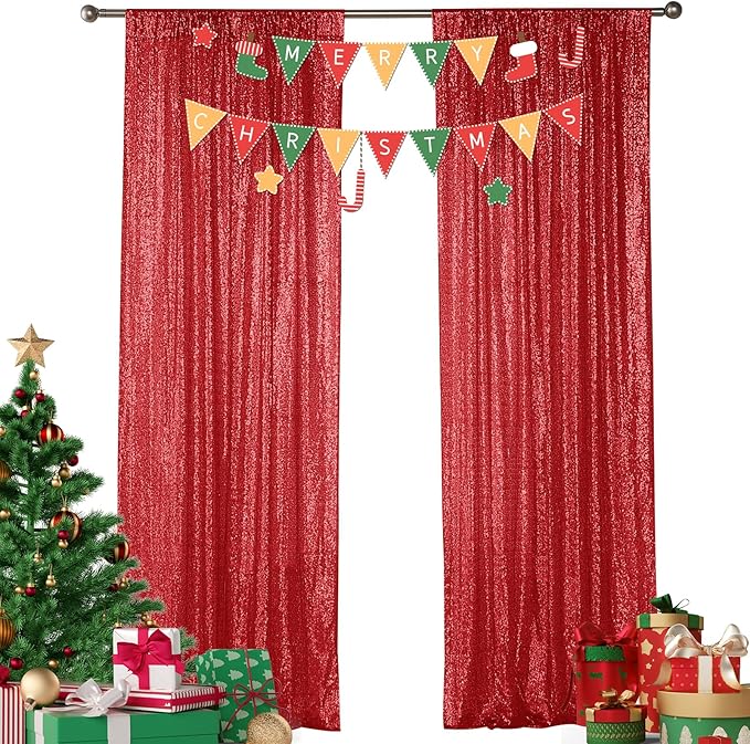 Sugargirl Red Sequin Backdrop Curtain 2 Panels 2FTx8FT Glitter Red Background by Sugargirl