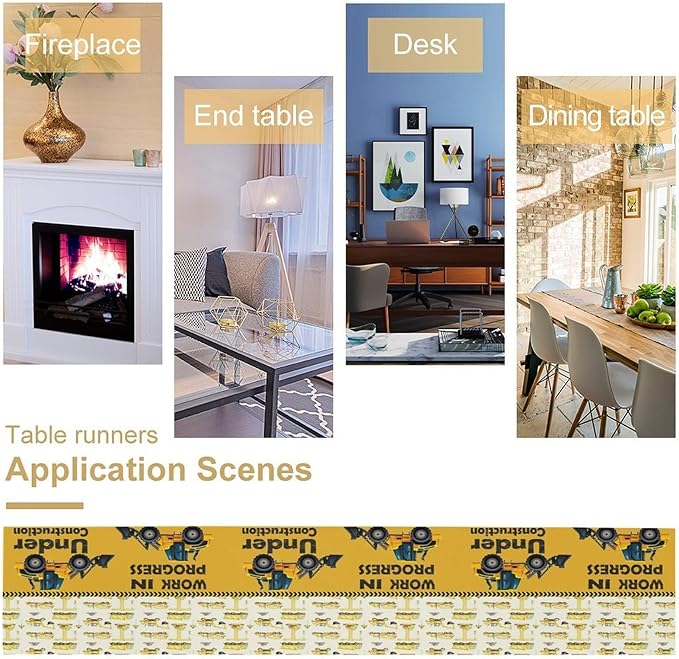 Cartoon Car Table Runner, Boys Kids Construction Vehicles Truck Yellow Print - Image 4