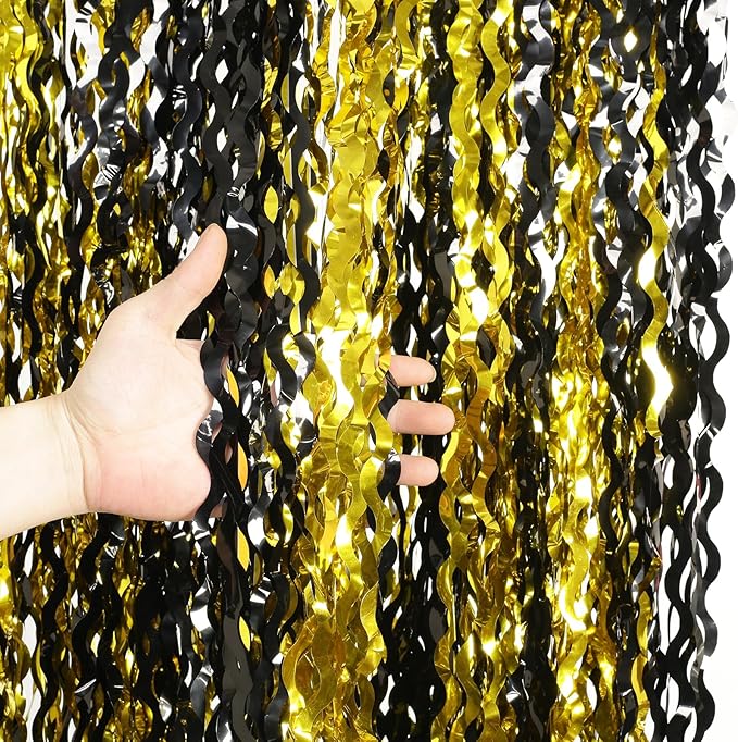 4 Pack Black and Gold Wavy Foil Fringe Curtains Pirthday Decorations, 3.3 ft x by KEEUH