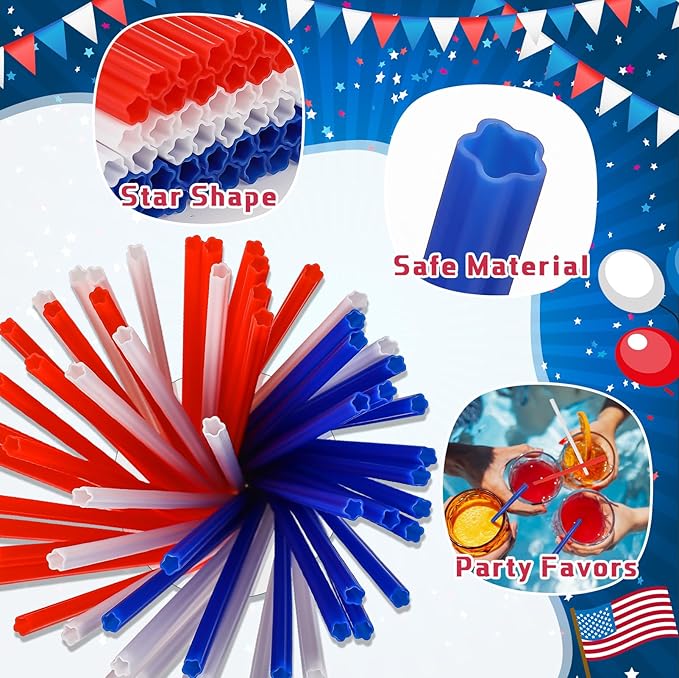 120 Pcs Plastic Straws Red Blue White Star Shaped Straws Patriotic Disposable - Image 4