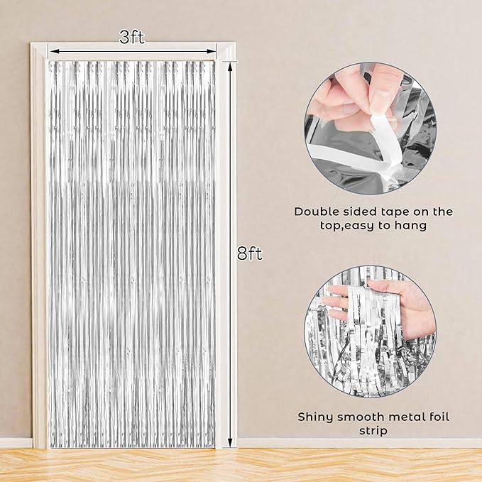 BTSD-home 10 Pack Silver Foil Fringe Curtain, Metallic Photo Booth Backdrop - Image 2