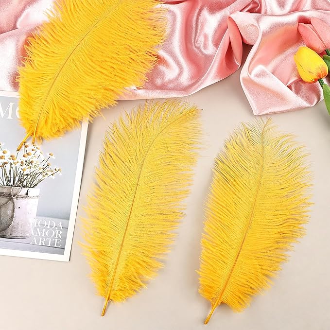 THARAHT Golden Yellow Ostrich Feathers 12pcs Natural Bulk 8-10Inch 20cm-25cm - Image 4