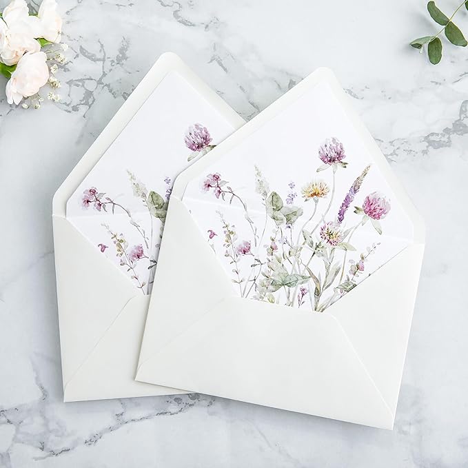 PONATIA 50PCS A7 Euro Flap Ivory Envelope, 5.25 x 7.25'' Wild Flowers Liner - Image 7