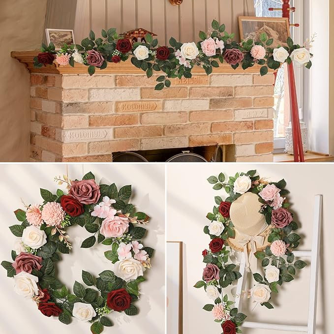 5FT Artificial Rose Flower Burgundy Fake Floral Garland - Image 4