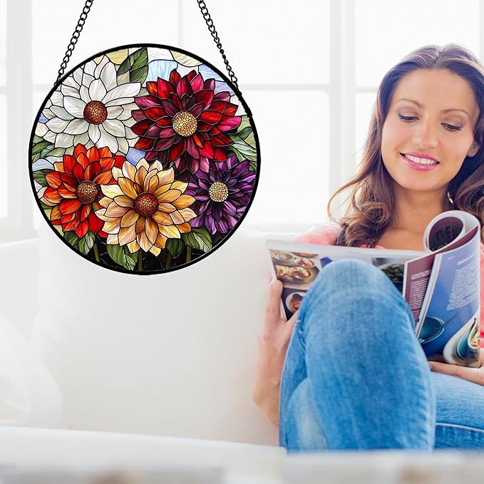 Stained Glass Window Hanging, Colorful Flowers Sun Catcher - Image 3