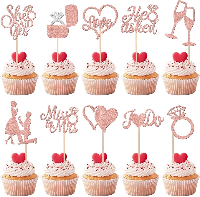 30 PCS He Asked She Said Yes Cupcake Toppers Glitter Wedding Engagement Cupcake by ZHUOWEISM