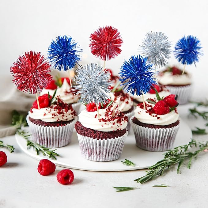 Ephlyn 30Pcs Foil Firework Cupcake Toppers Sparkle Tinsel Cupcake Picks Happy - Image 7