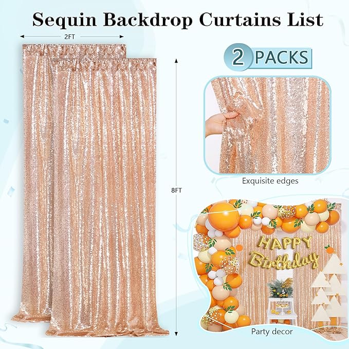 Backdrop Curtain Drapes 2 Panels Rose Gold Party Sequin Background 2FT x 8FT - Image 5