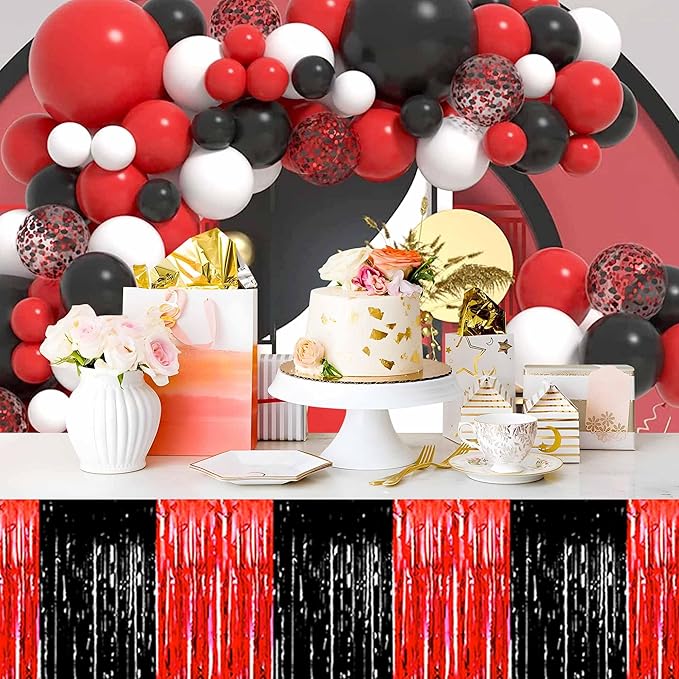 3 Pack Black and Red Foil Fringe Table Skirts Metallic Tinsel Streamers Garland - Image 5