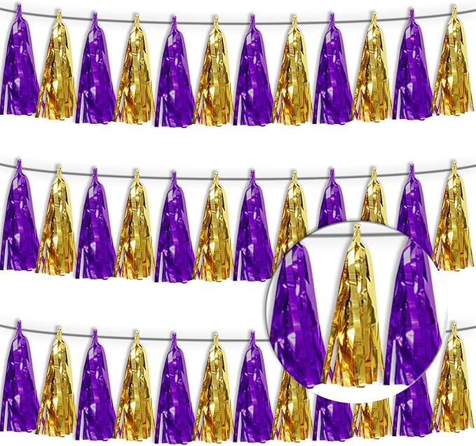 3P Purple Gold Metallic Fringe Tassel Banner Garland Foil Tinsel Streamer Wall by Xuuf
