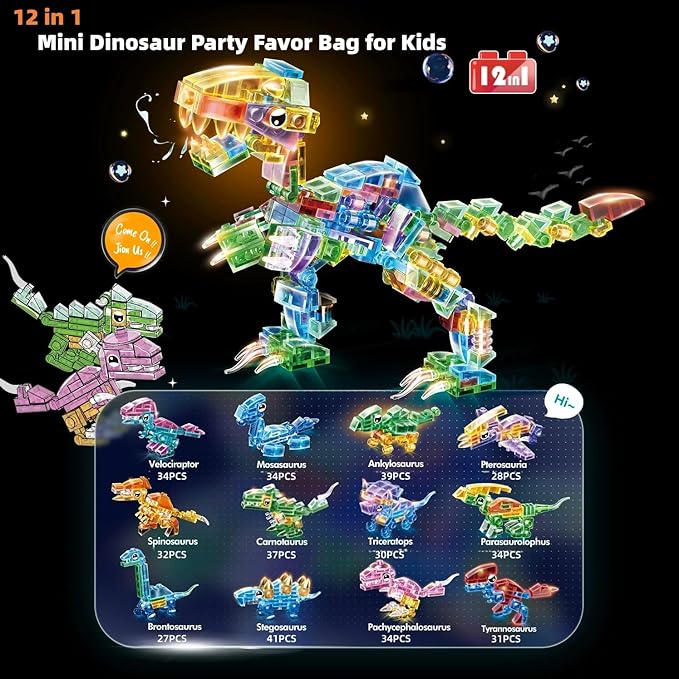 Crystal Dinosaur Party Favors for Kids, 12 in 1 Mini Dinosaur Building Blocks - Image 3