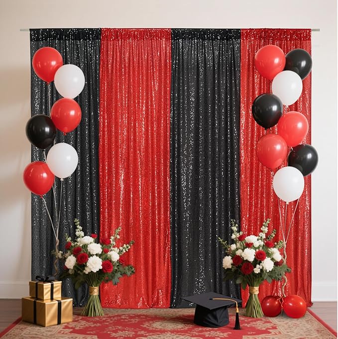 Eternal Beauty Black and Red Backdrop 4 PCS-2x8 Ft Sequin Curtain Panels - Image 5