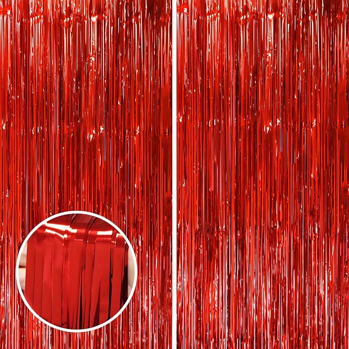 2 Pack Red Tinsel Foil Fringe Curtains, Metallic Tinsel Party Streamers Backdrop - Image 8