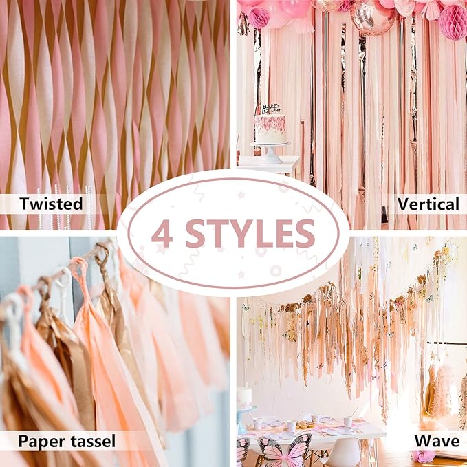 PartyWoo Crepe Paper Streamers 4 Rolls 328ft, Pack of Pink and Rose Gold Crepe - Image 6