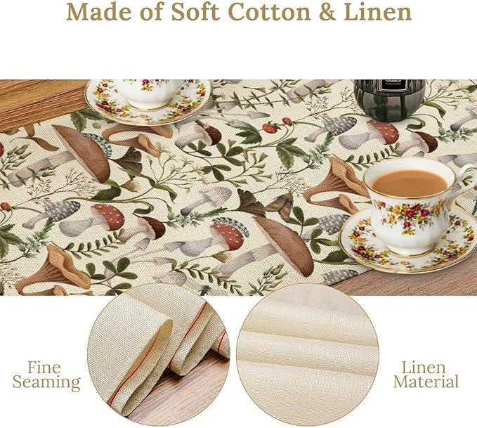 Mushroom Table Runner, Vintage Forest Flower Plant Print Table Runner - Image 5