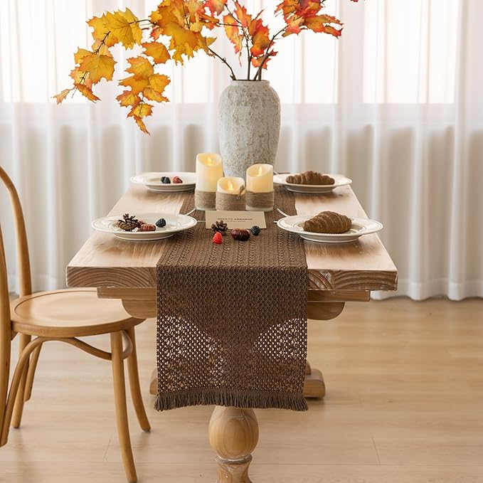 Boho Brown Table Runner for Home Decor 12x90 Inches Farmhouse Macrame Burlap - Image 3